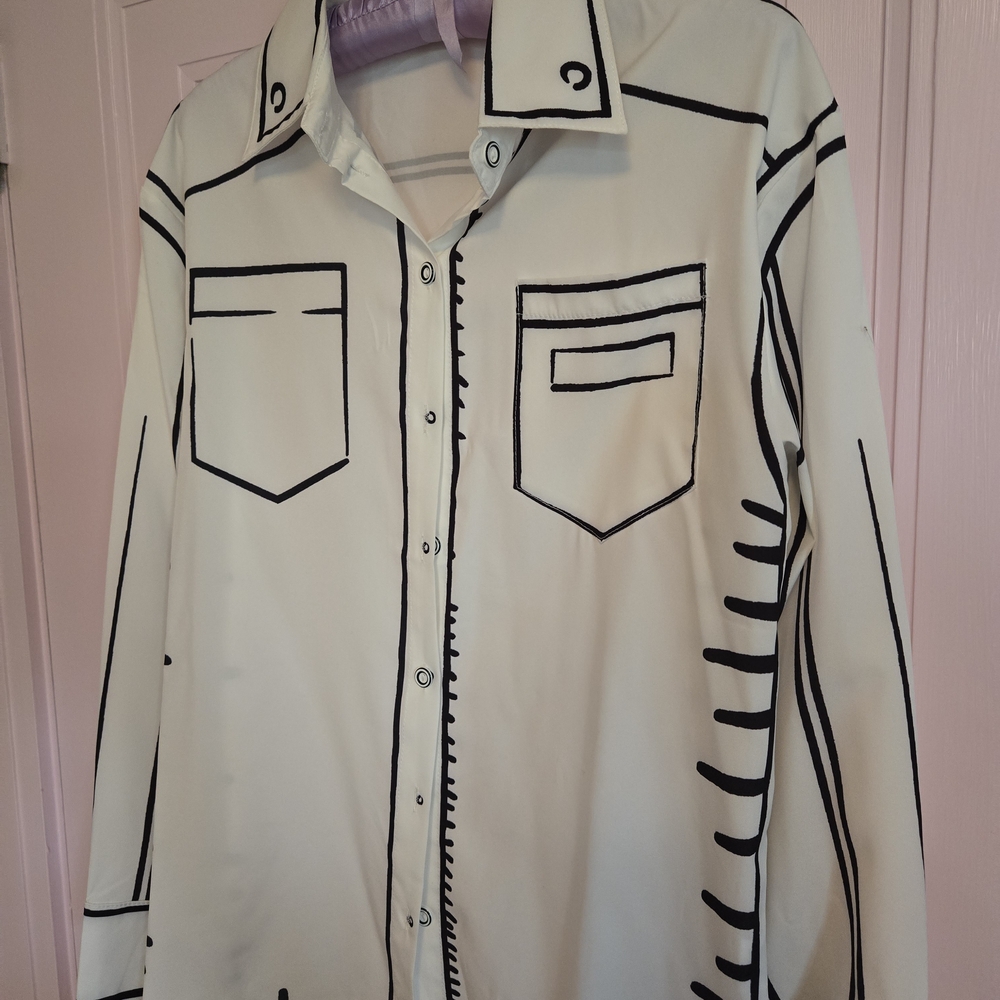 White Button-Up Shirt with Black Graphic Design